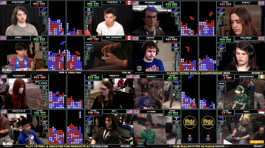 Screenshot of four different Classic Tetris streams playing simultaneously. There are four matches per stream, sixteen in total.